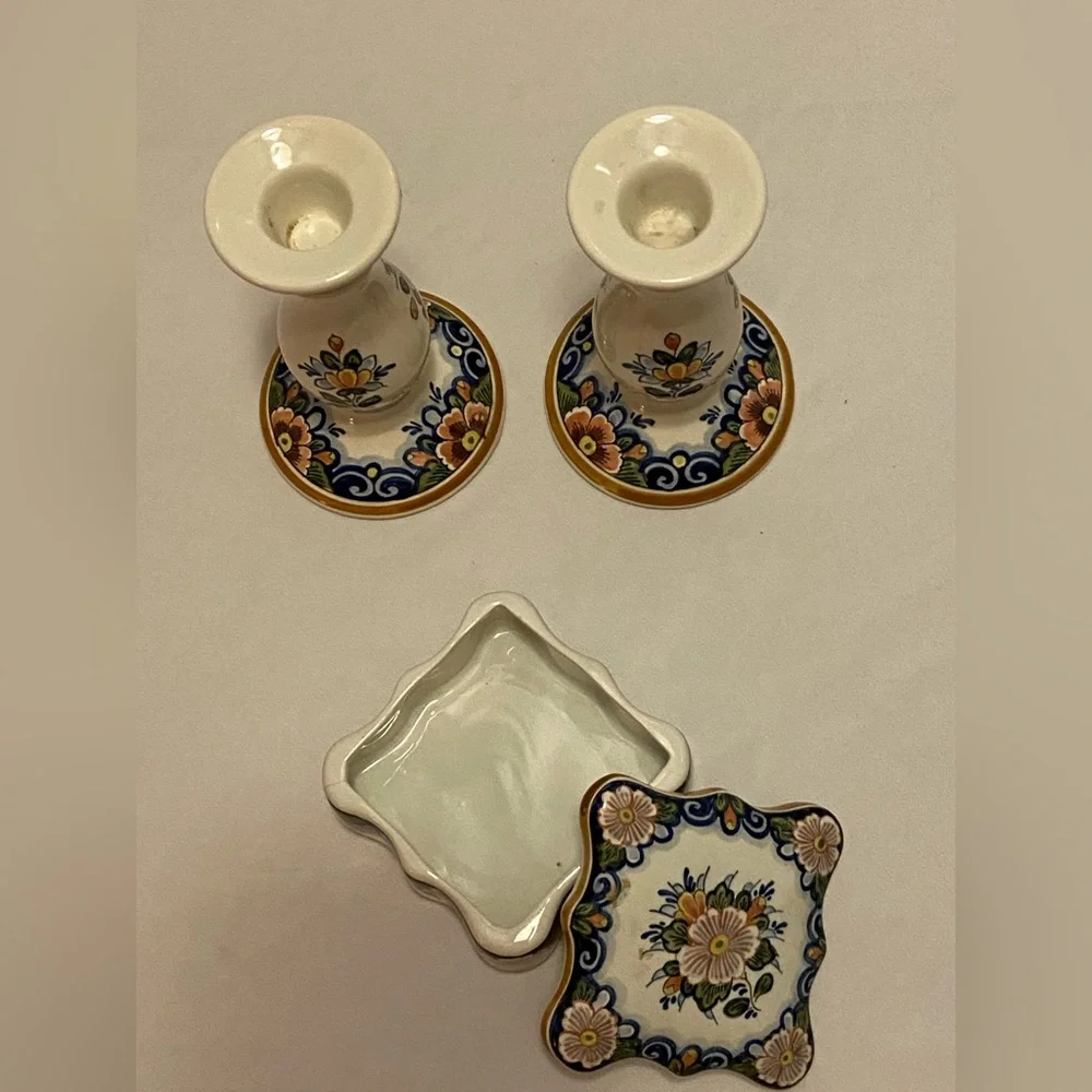 DELFT Pottery Floral Ceramic Candle Holders and Box Set
